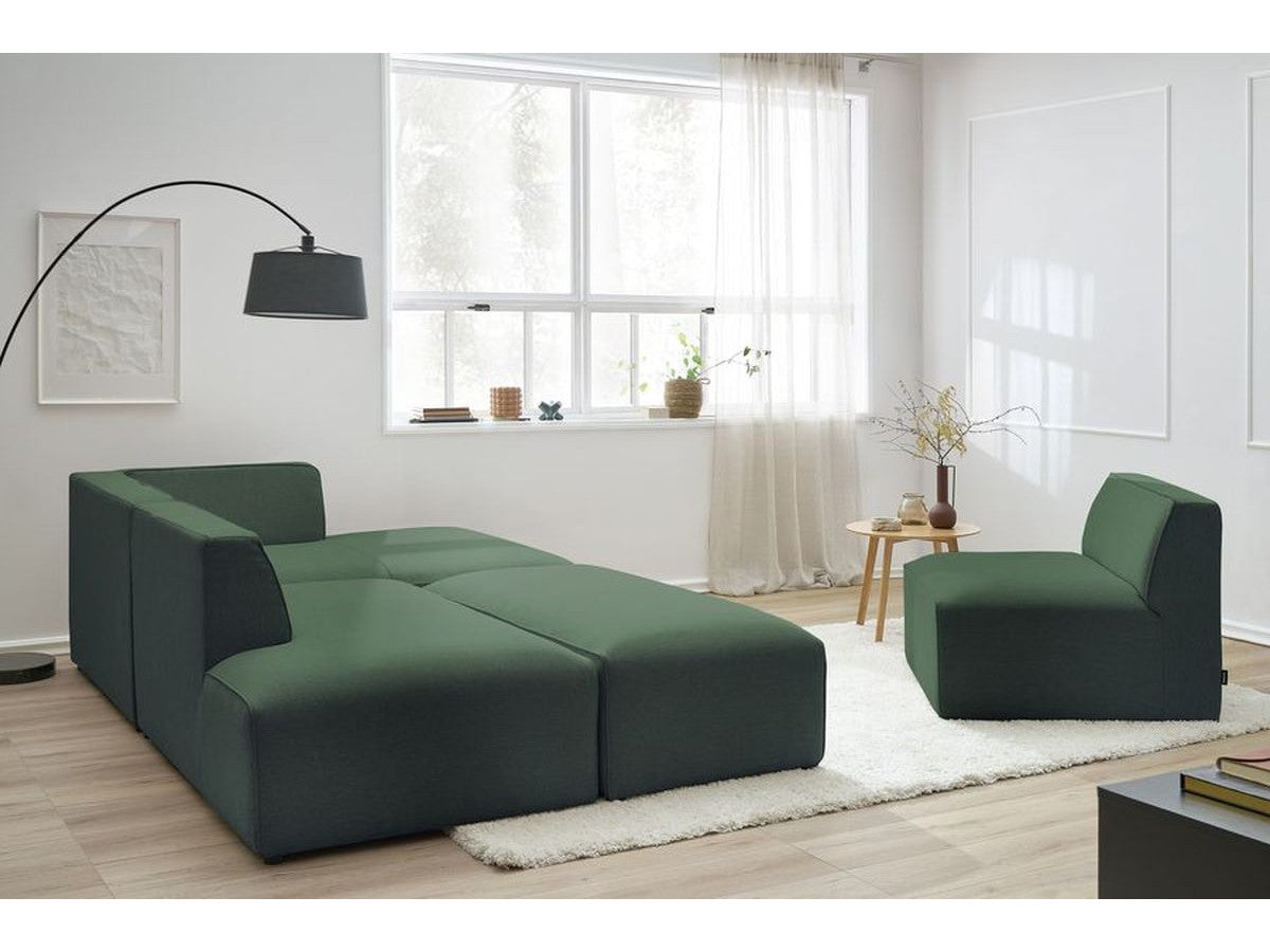 Kampinė modulinė sofa MEGEVE, žalia, su pufu vaizdas iš šono