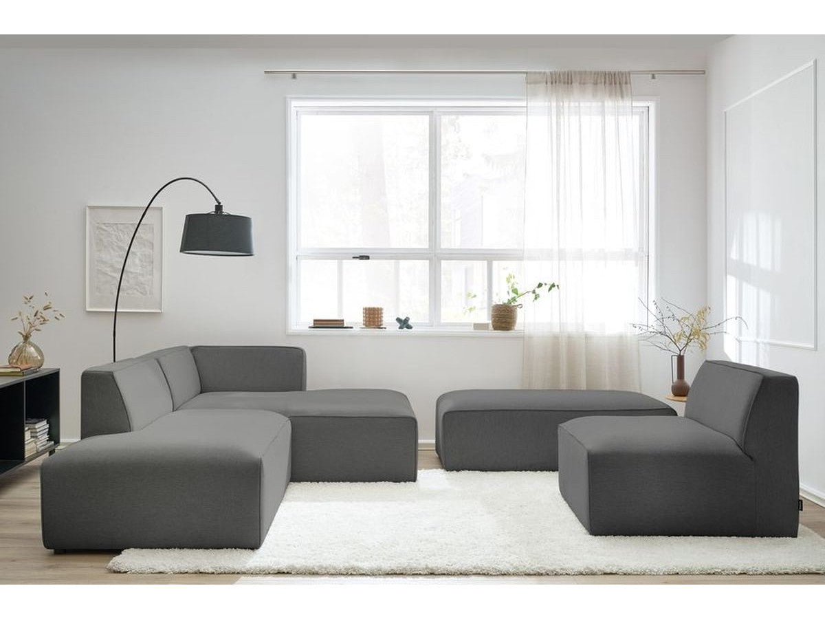 Kampinė modulinė sofa MEGEVE, tamsiai pilka, su pufu vaizdas iš priekio