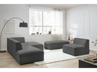 Kampinė modulinė sofa MEGEVE, tamsiai pilka, su pufu šalia kavos staliuko
