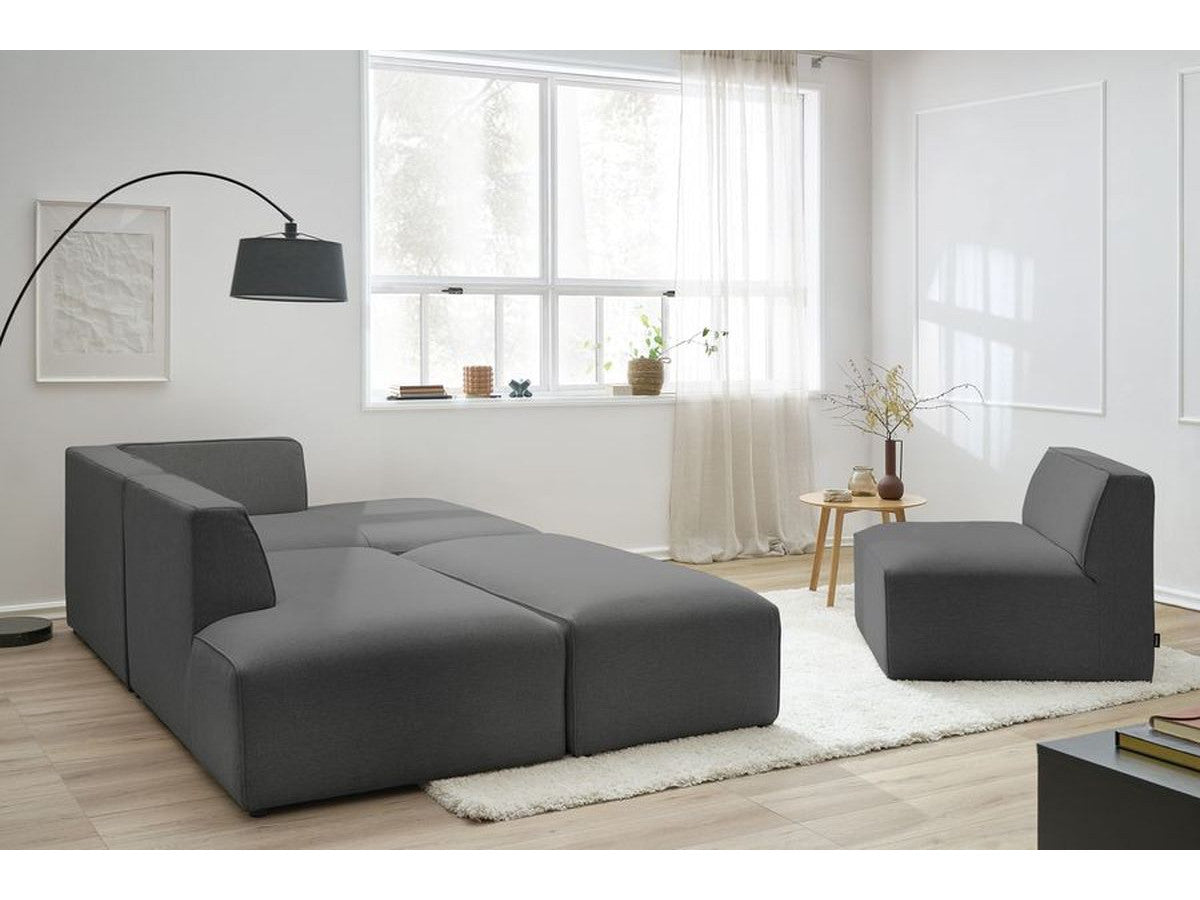 Kampinė modulinė sofa MEGEVE, tamsiai pilka, su pufu kampinis vaizdas