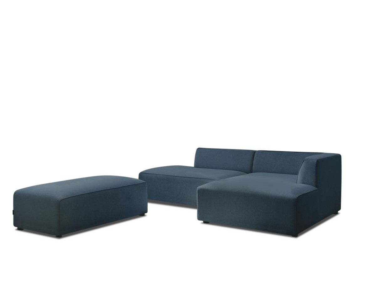 Kampinė modulinė sofa su pufu, tamsiai mėlyna audinio tekstūra