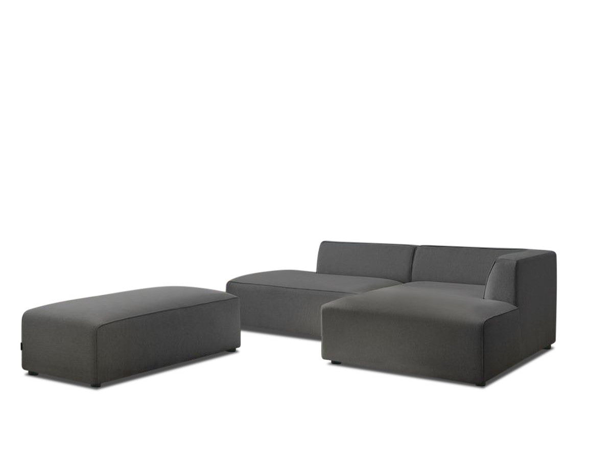 Kampinė modulinė sofa su pufu, tamsiai pilka audinio tekstūra