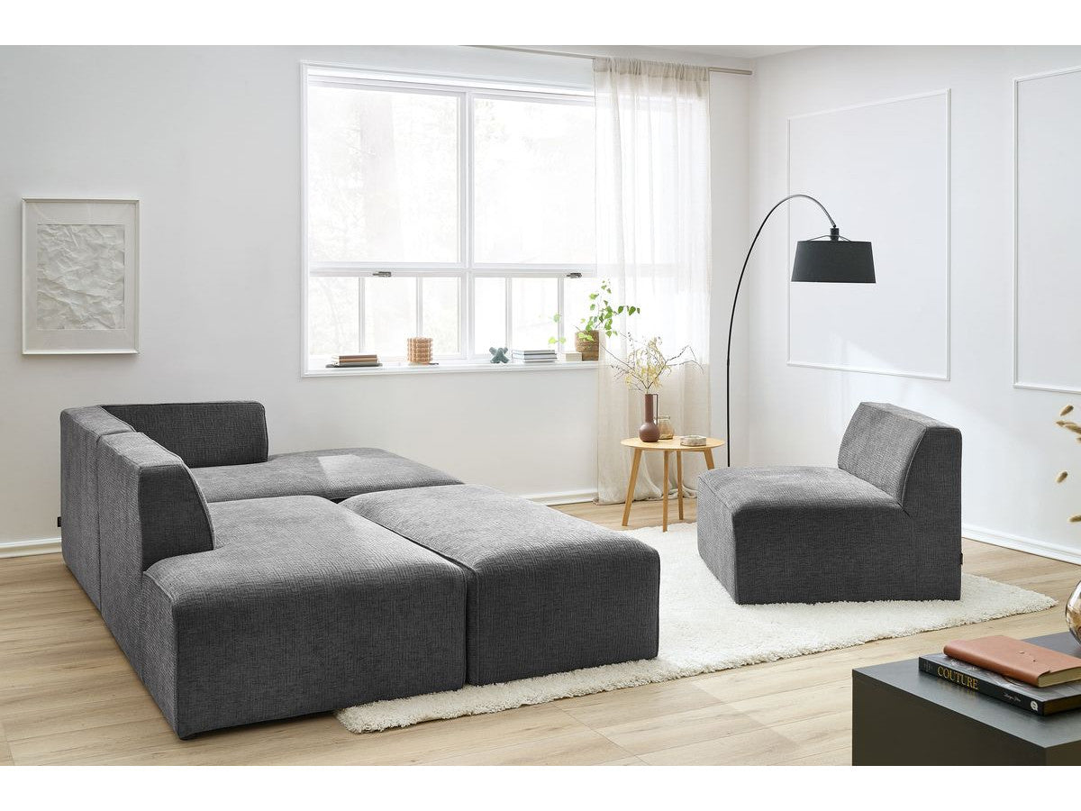 Kampinė modulinė sofa su pufu ir tamsiai pilka su pagalvėlėmis