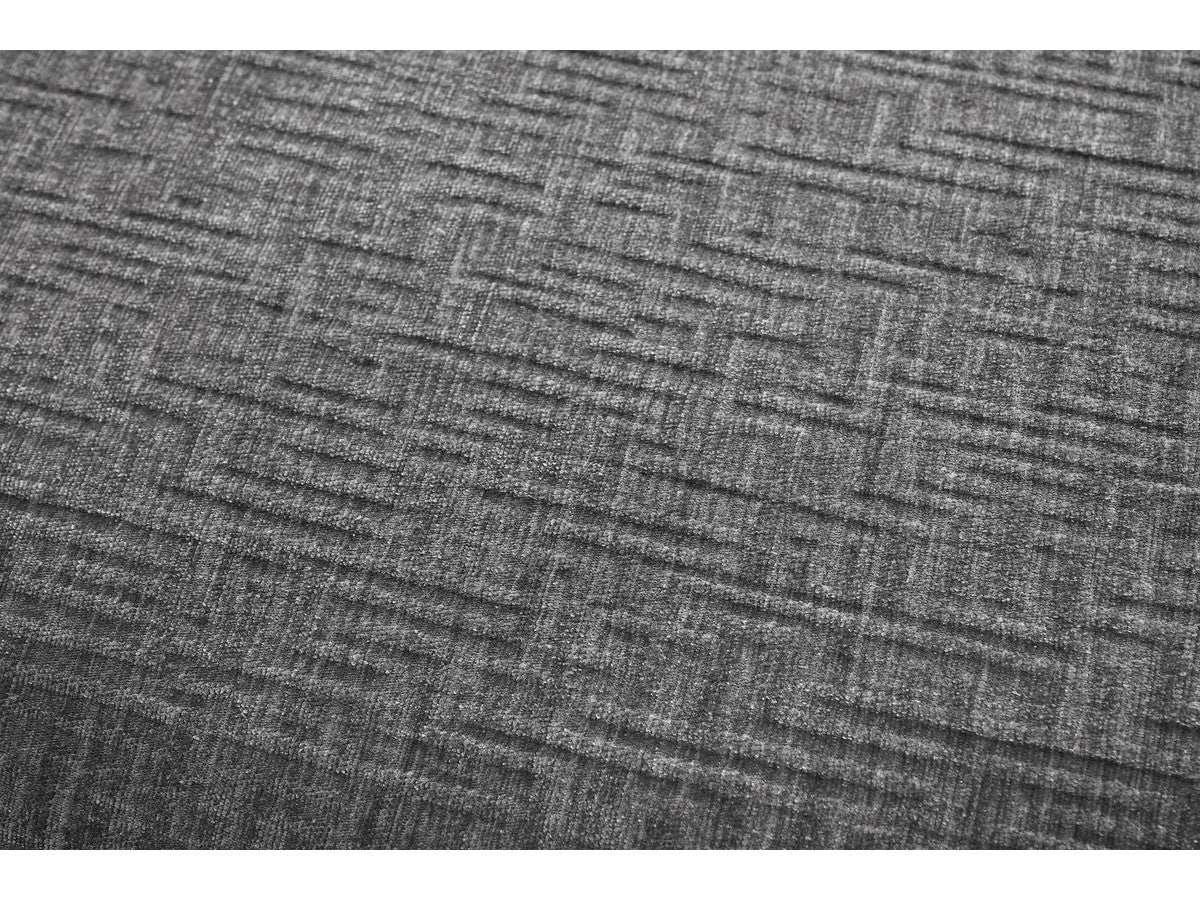 Kampinė modulinė sofa su pufu ir tamsiai pilka audinio tekstūra
