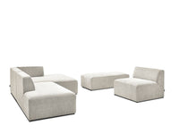 Kampinė modulinė sofa su pufu ir smėlinė audinio tekstūra
