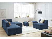 Kampinė modulinė sofa su pufu ir tamsiai mėlyna kampinis vaizdas