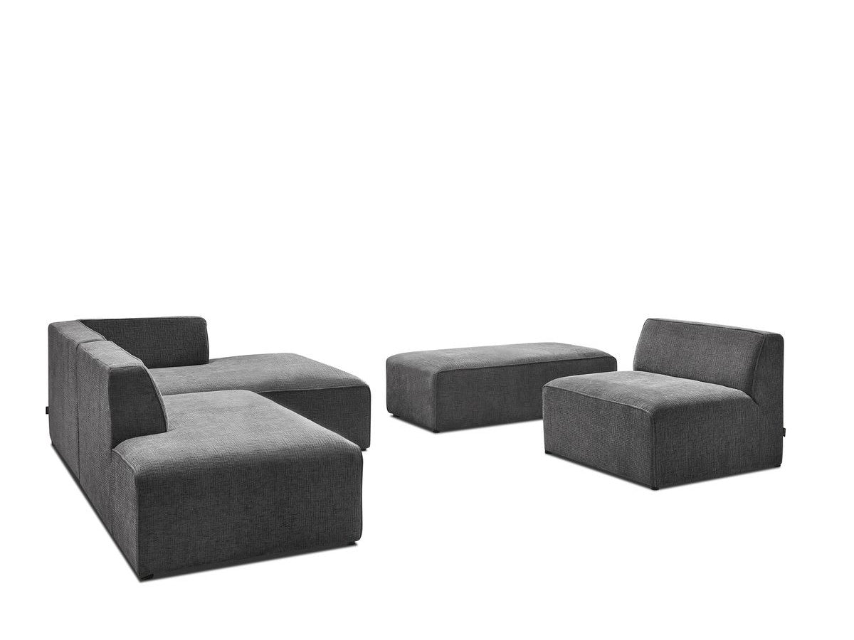 Kampinė modulinė sofa su pufu ir tamsiai pilka kampinis vaizdas