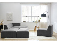 Kampinė modulinė sofa su pufu ir tamsiai pilka moderniame interjere