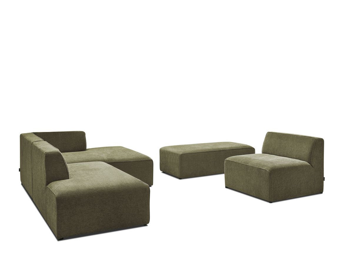 Kampinė modulinė sofa su pufu ir žalia vaizdas iš priekio