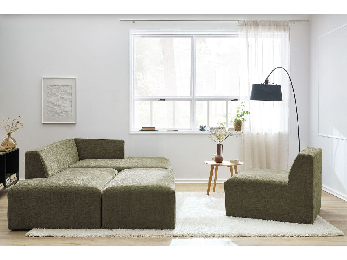 Kampinė modulinė sofa su pufu ir žalia detalės vaizdas