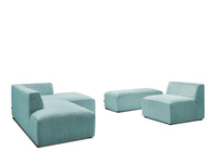 Modulinė kampinė sofa MEGEVE su krėslu ir pufu, smėlio, šviesus akcentas svetainei su funkcionaliu pufu