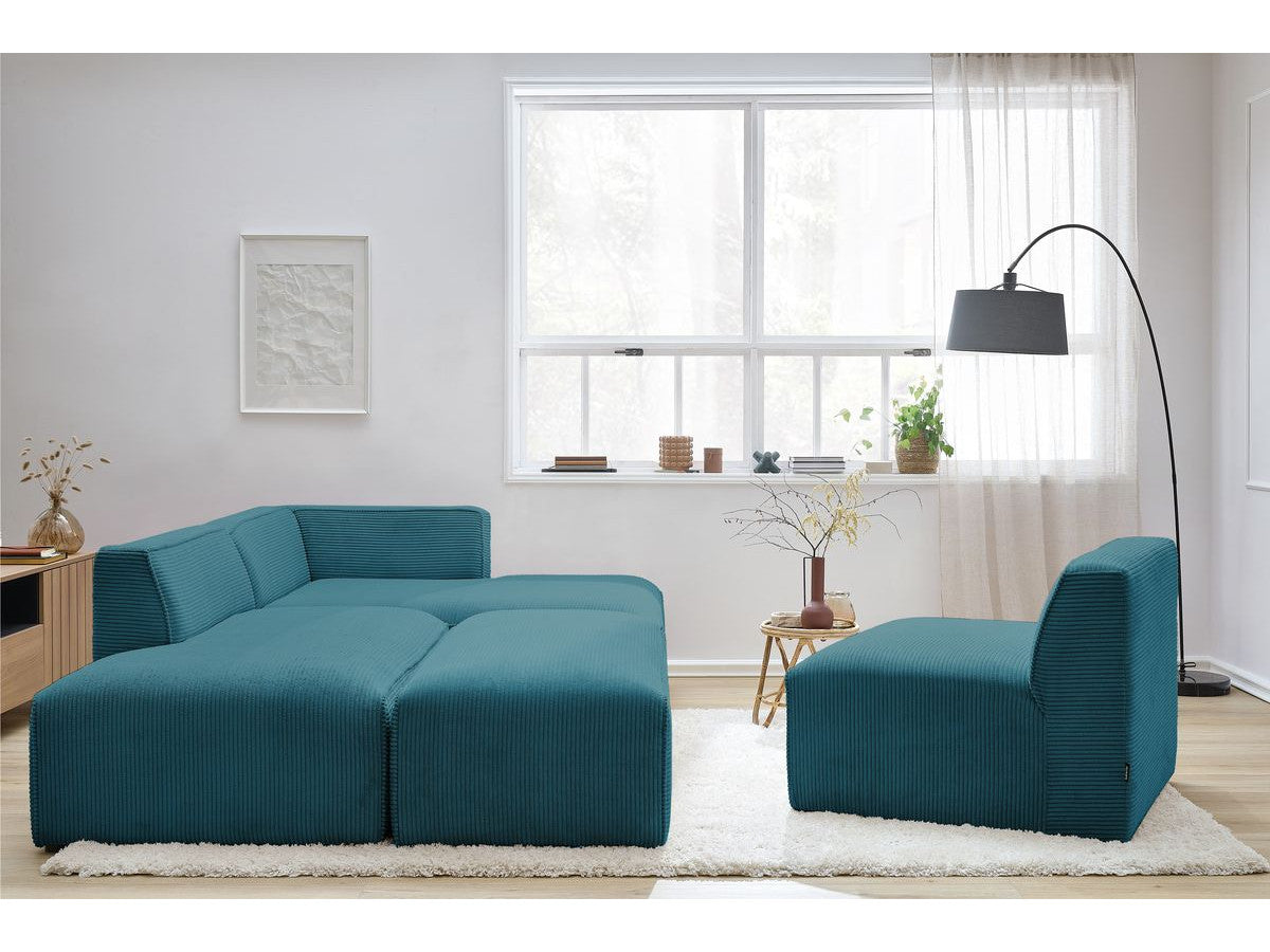 Modulinė kampinė sofa MEGEVE tamsiai mėlyna rumbuoto veliūro tekstūra šiltai poilsio nuotaikai