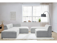 Modulinė kampinė sofa MEGEVE šviesiai pilka moderni kompozicija be porankių vizualiai atvirai erdvei