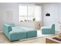 Modulinė kampinė sofa MEGEVE su krėslu ir pufu, šviesiai mėlyna modernus siluetas be porankių vizualiai lengvai erdvei
