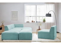 Modulinė kampinė sofa MEGEVE su krėslu ir pufu, šviesiai mėlyna minkšta rumbuoto veliūro tekstūra jaukiai atmosferai