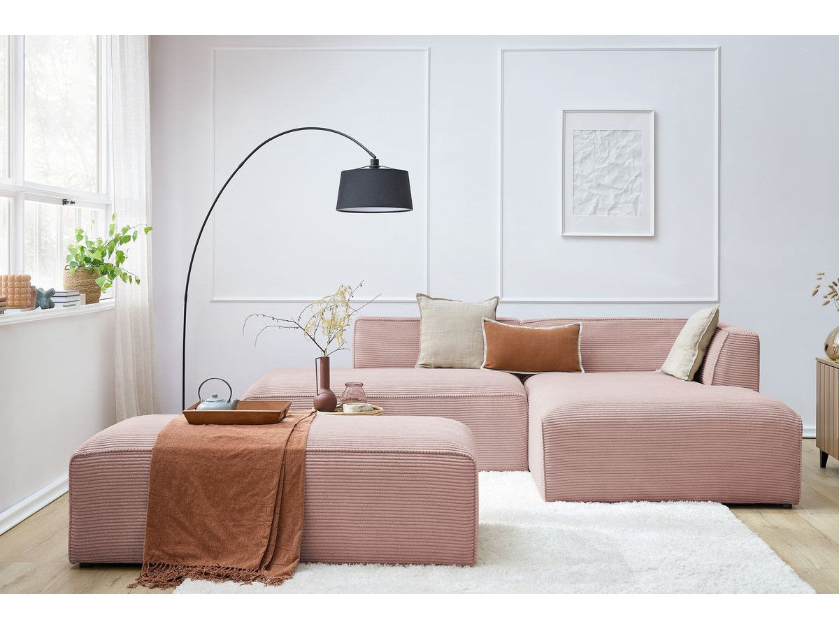 Modulinė kampinė sofa MEGEVE su pufu rožinė dešinė moderniam spalviniam akcentui