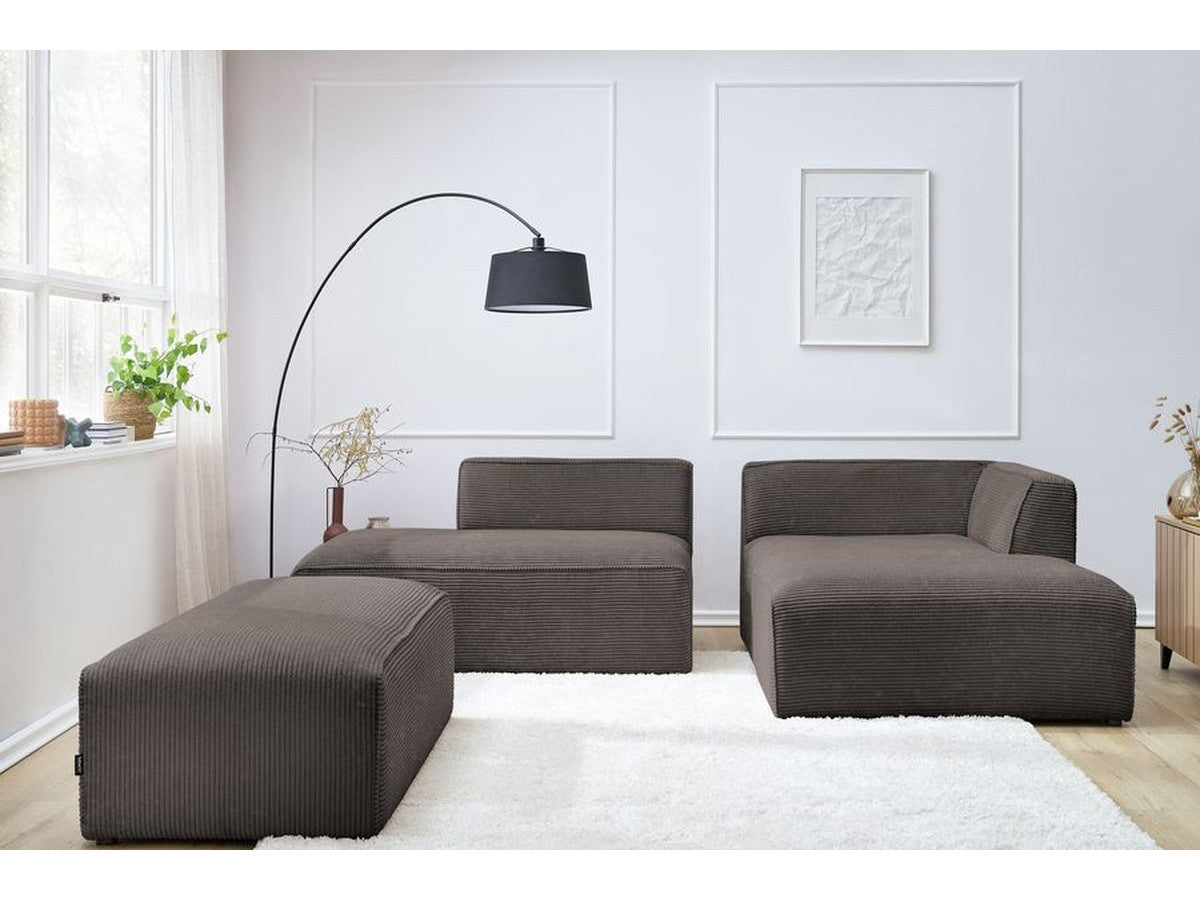 Modulinė kampinė sofa MEGEVE su pufu ruda dešinė rumbuoto veliūro pojūčiui
