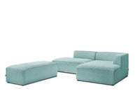 Kampinė sofa MEGEVE su pufu, šviesiai mėlyna, vizualiai lengva kompozicija