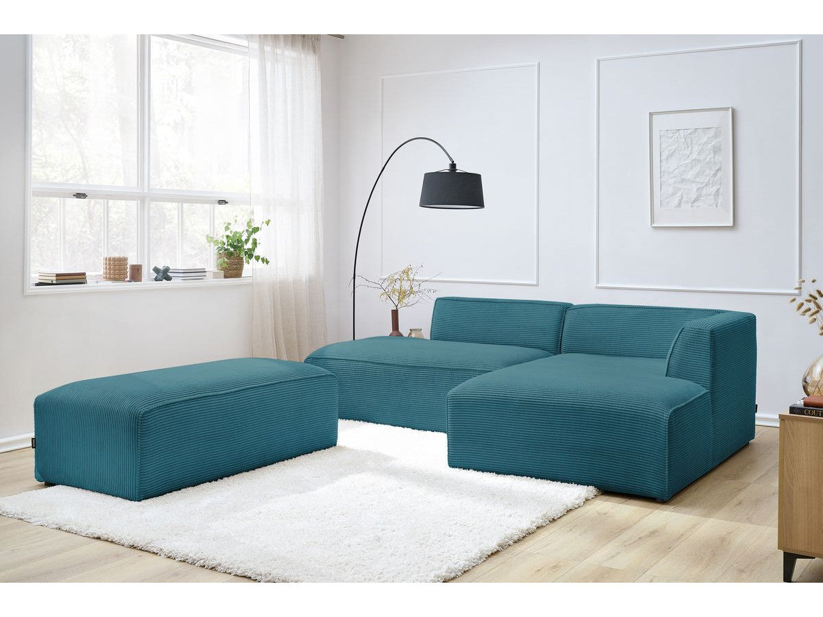 Kampinė sofa MEGEVE su pufu, tamsiai mėlyna, pufas kaip pakojis poilsiui