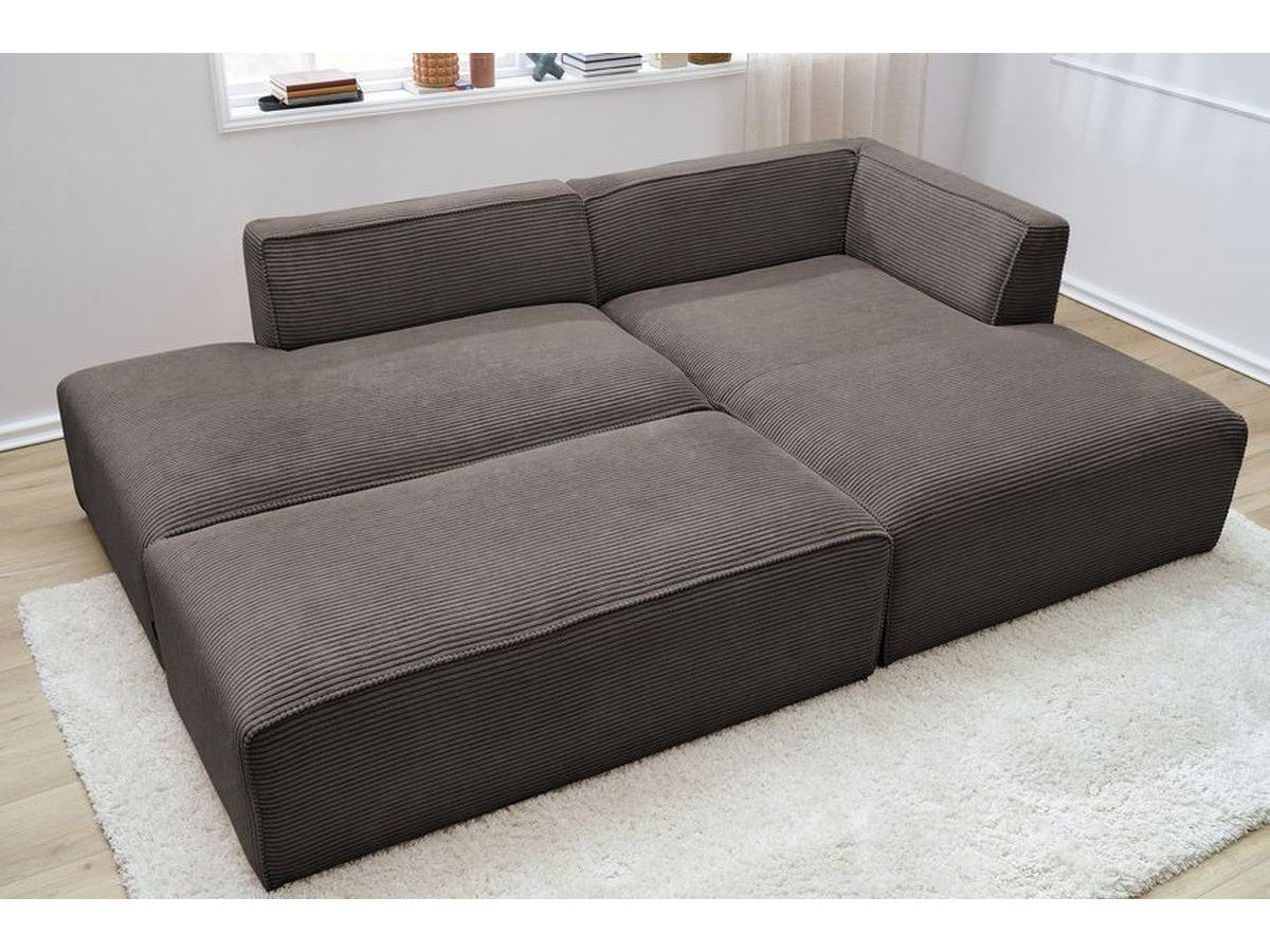 Modulinė kampinė sofa MEGEVE su pufu ruda dešinė komfortiškai poilsio zonai