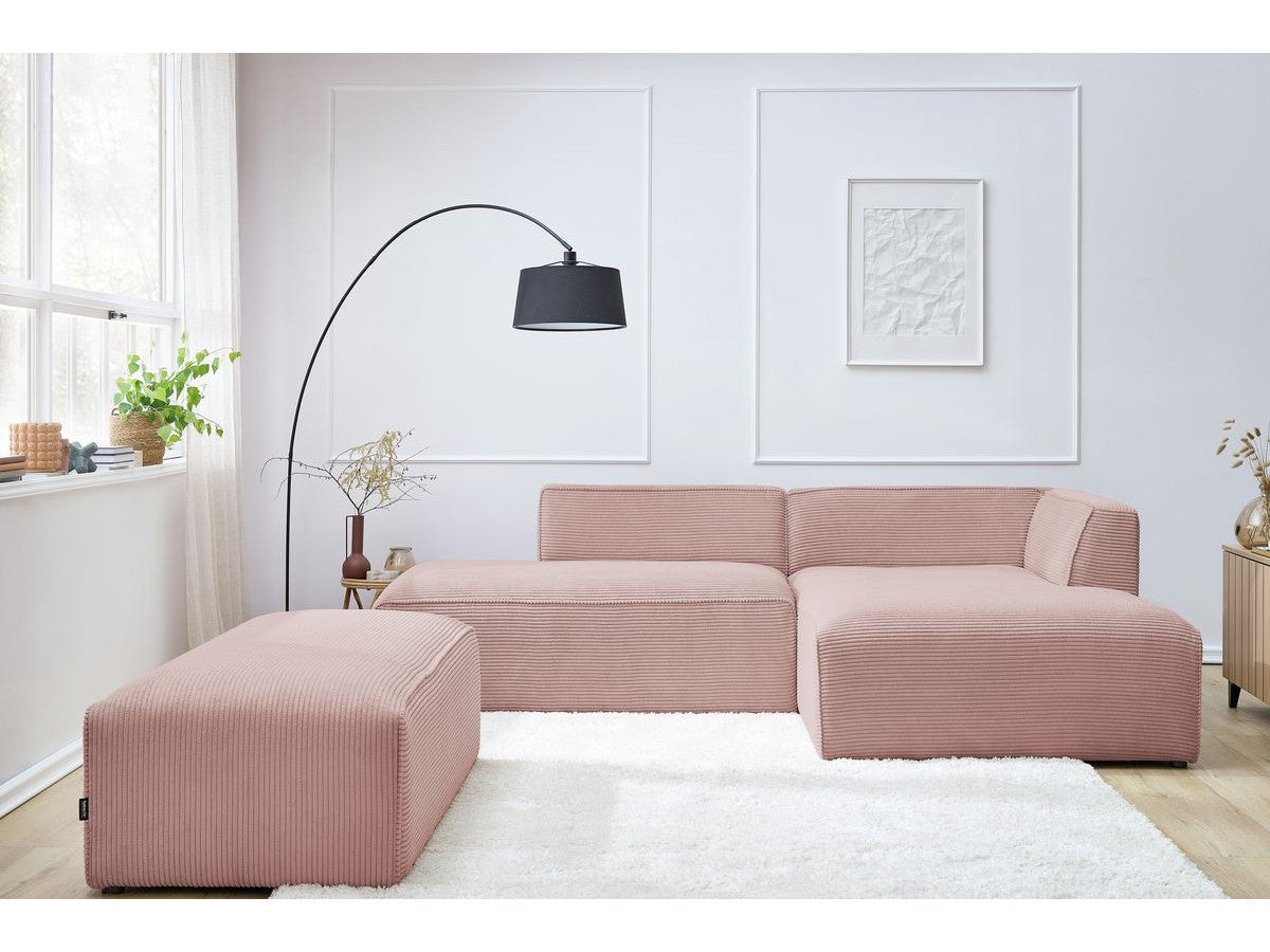 Modulinė kampinė sofa MEGEVE su pufu rožinė dešinė patogiam vakarui namuose