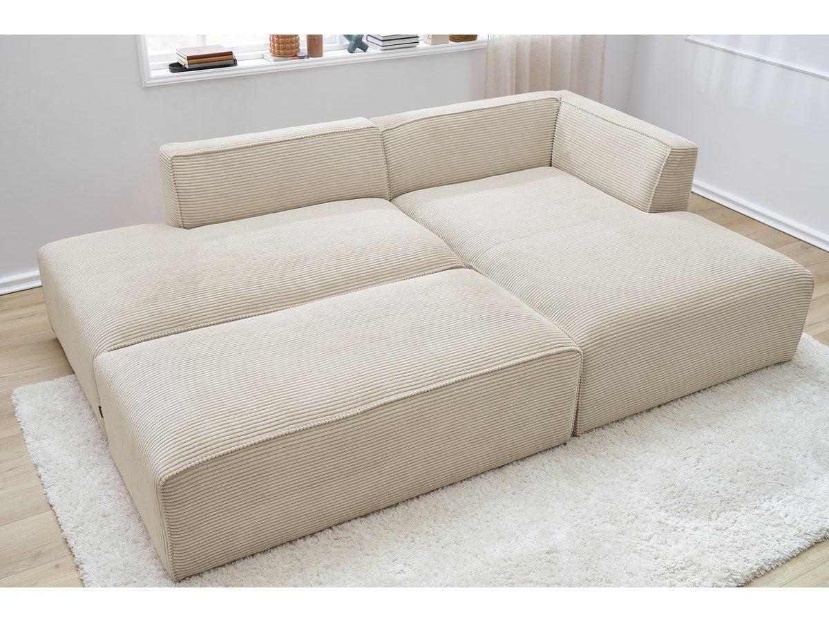 Modulinė kampinė sofa MEGEVE su pufu smėlio dešinė švariam dizainui