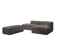 Modulinė kampinė sofa MEGEVE su pufu ruda dešinė šiltų tonų svetainei