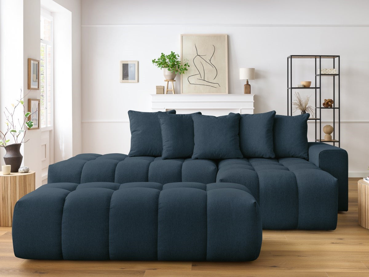 Kampinė sofa MONT-BLANC su pufu, tamsiai mėlyna kampinis vaizdas