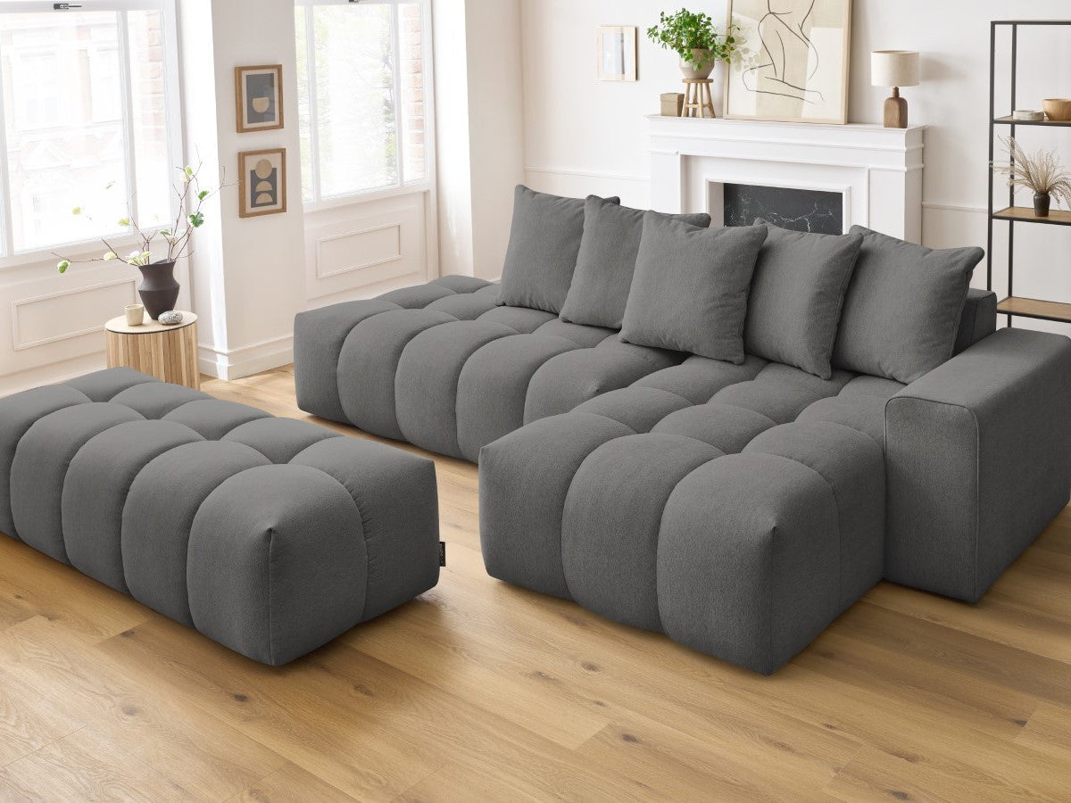 Kampinė sofa MONT-BLANC su pufu, tamsiai pilka vaizdas iš priekio
