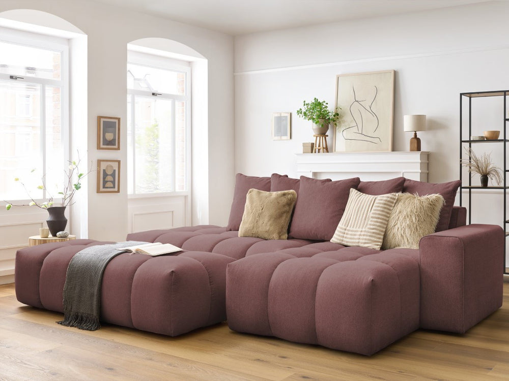 Kampinė sofa MONT-BLANC su pufu, rožinė audinio tekstūra