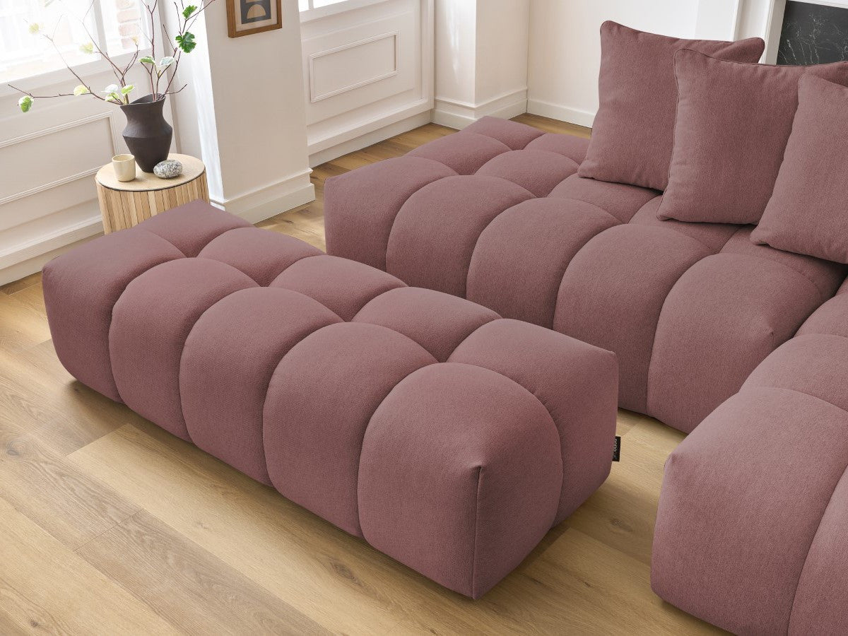 Kampinė sofa MONT-BLANC su pufu, rožinė vaizdas iš šono
