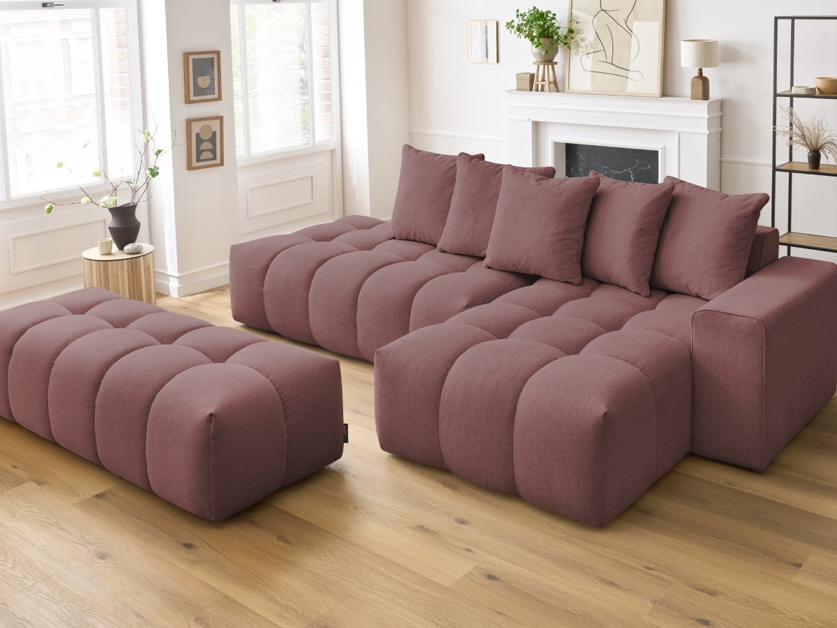 Kampinė sofa MONT-BLANC su pufu, rožinė vaizdas iš priekio