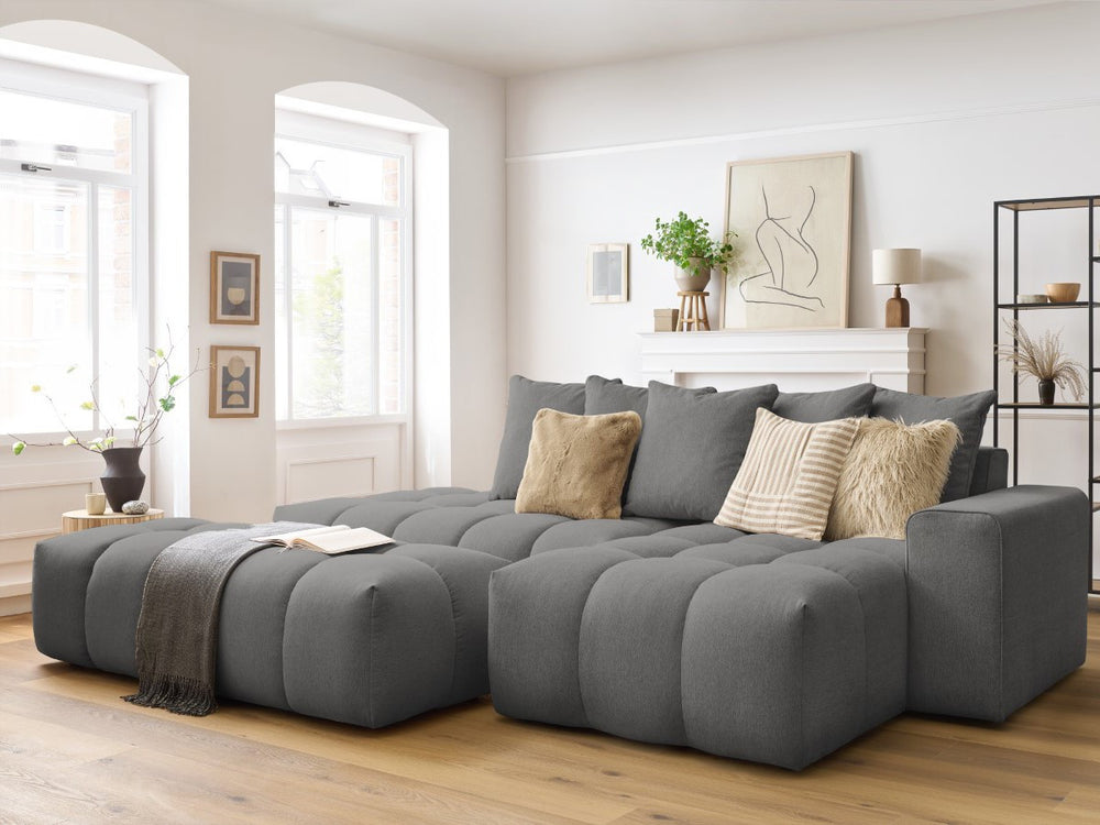 Kampinė sofa MONT-BLANC su pufu, tamsiai pilka audinio tekstūra