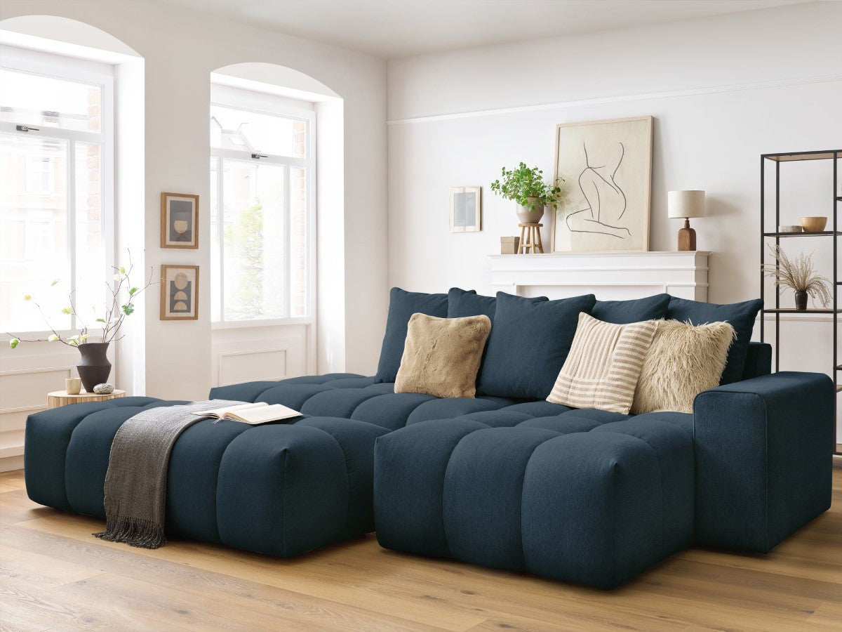 Kampinė sofa MONT-BLANC su pufu, tamsiai mėlyna audinio tekstūra