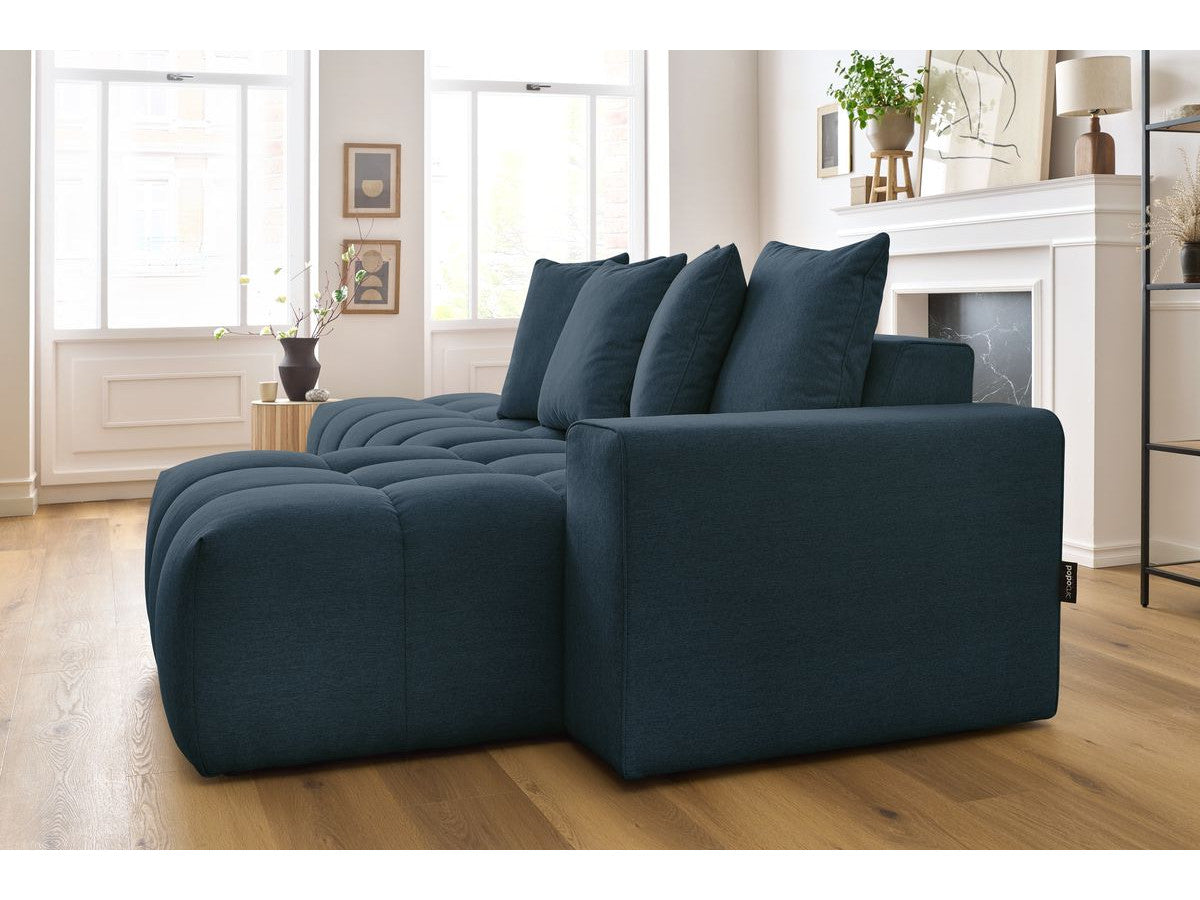 Kampinė sofa MONT-BLANC, tamsiai mėlyna moderniame interjere