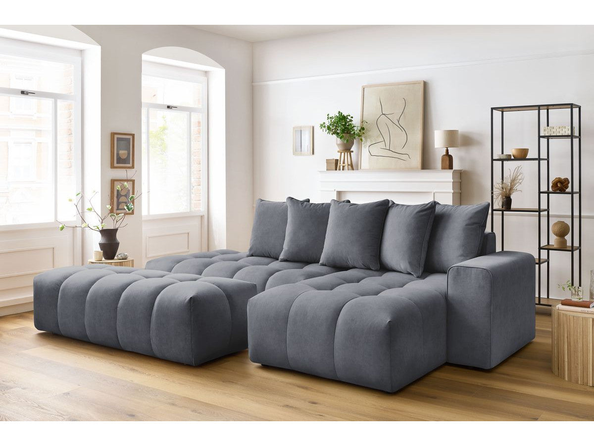 Kampinė sofa MONT-BLANC su pufu, veliūras, tamsiai pilka vaizdas iš priekio