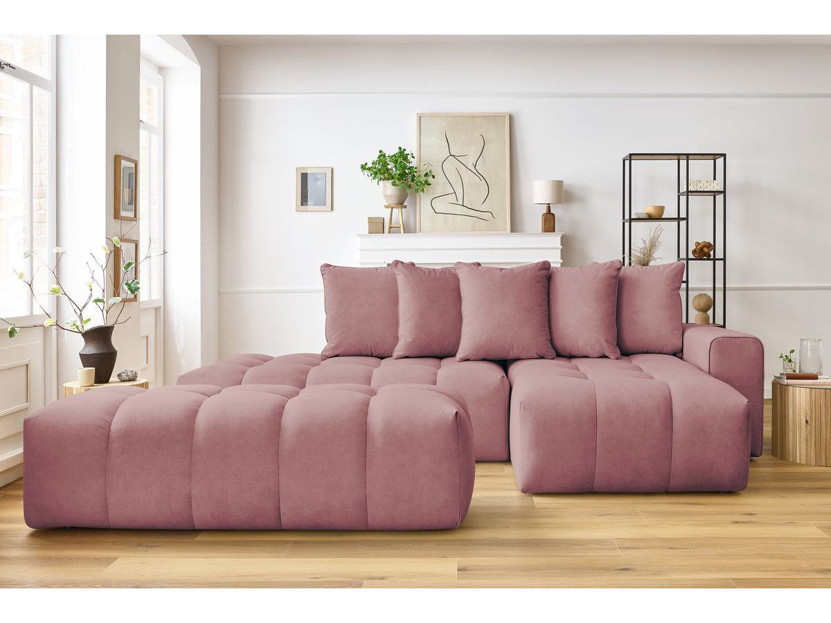 Kampinė sofa su pufu MONT-BLANC, veliūras, rožinė kampinis vaizdas