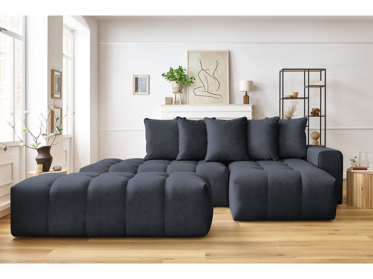 Kampinė sofa MONT-BLANC su pufu, veliūras, tamsiai mėlyna kampinis vaizdas