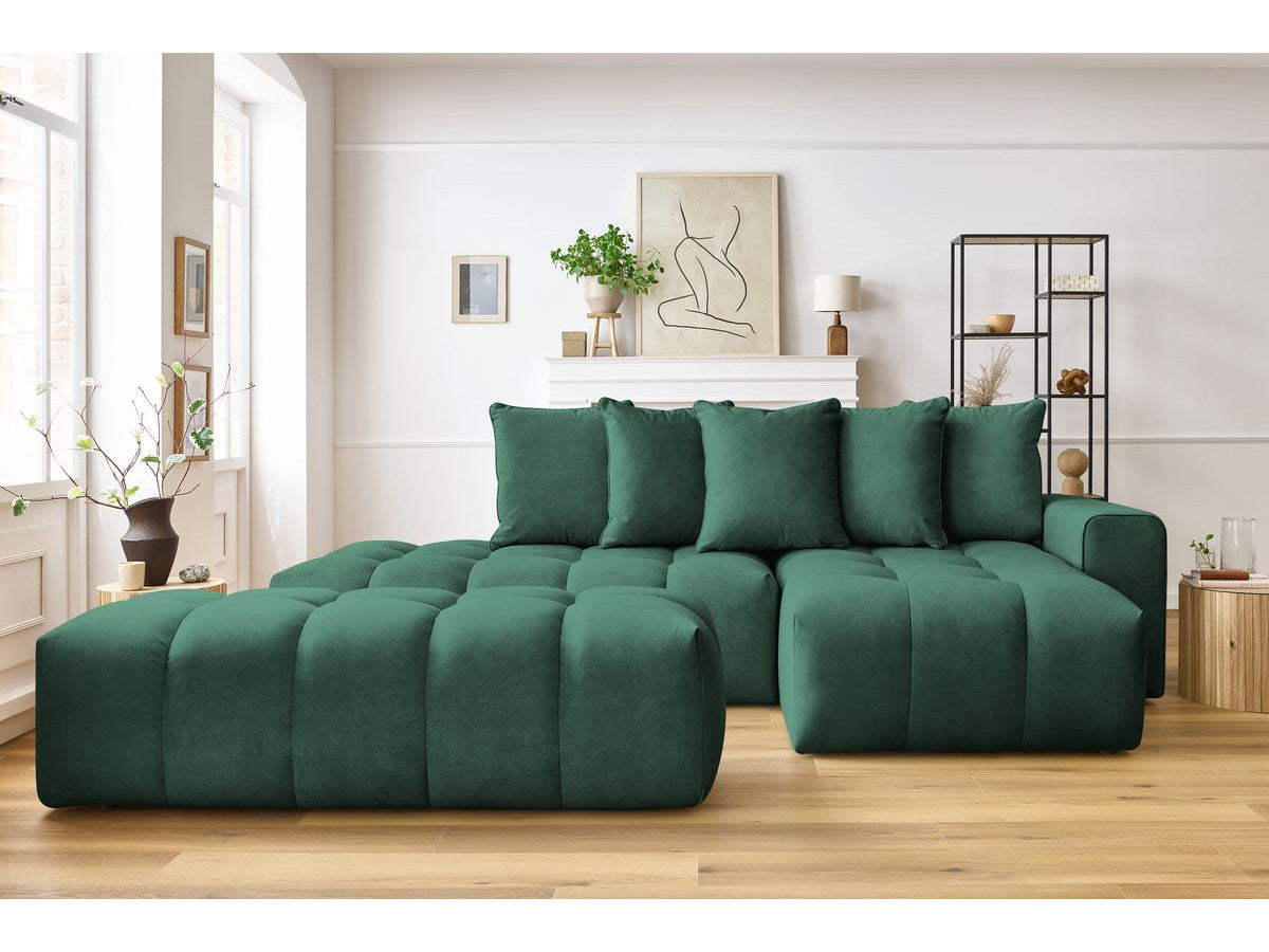 Kampinė sofa su pufu MONT-BLANC, veliūras, žalia kampinis vaizdas