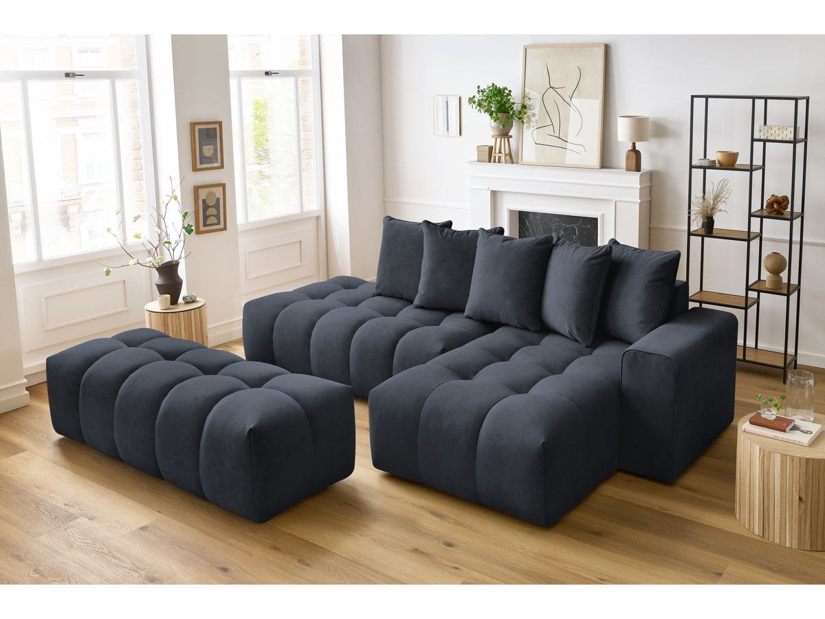 Kampinė sofa MONT-BLANC su pufu, veliūras, tamsiai mėlyna vaizdas iš šono