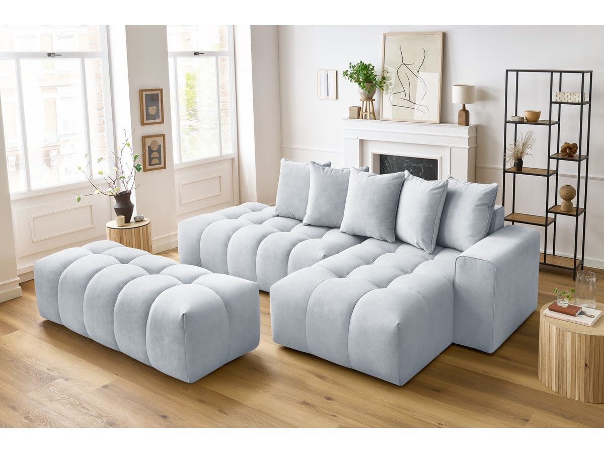 Kampinė sofa MONT-BLANC su pufu, veliūras, šviesiai pilka vaizdas iš šono