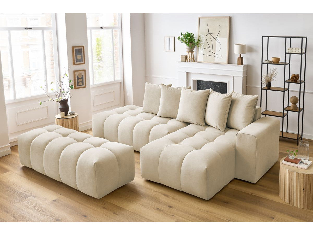 Kampinė sofa su pufu MONT-BLANC, veliūras, smėlinė vaizdas iš šono