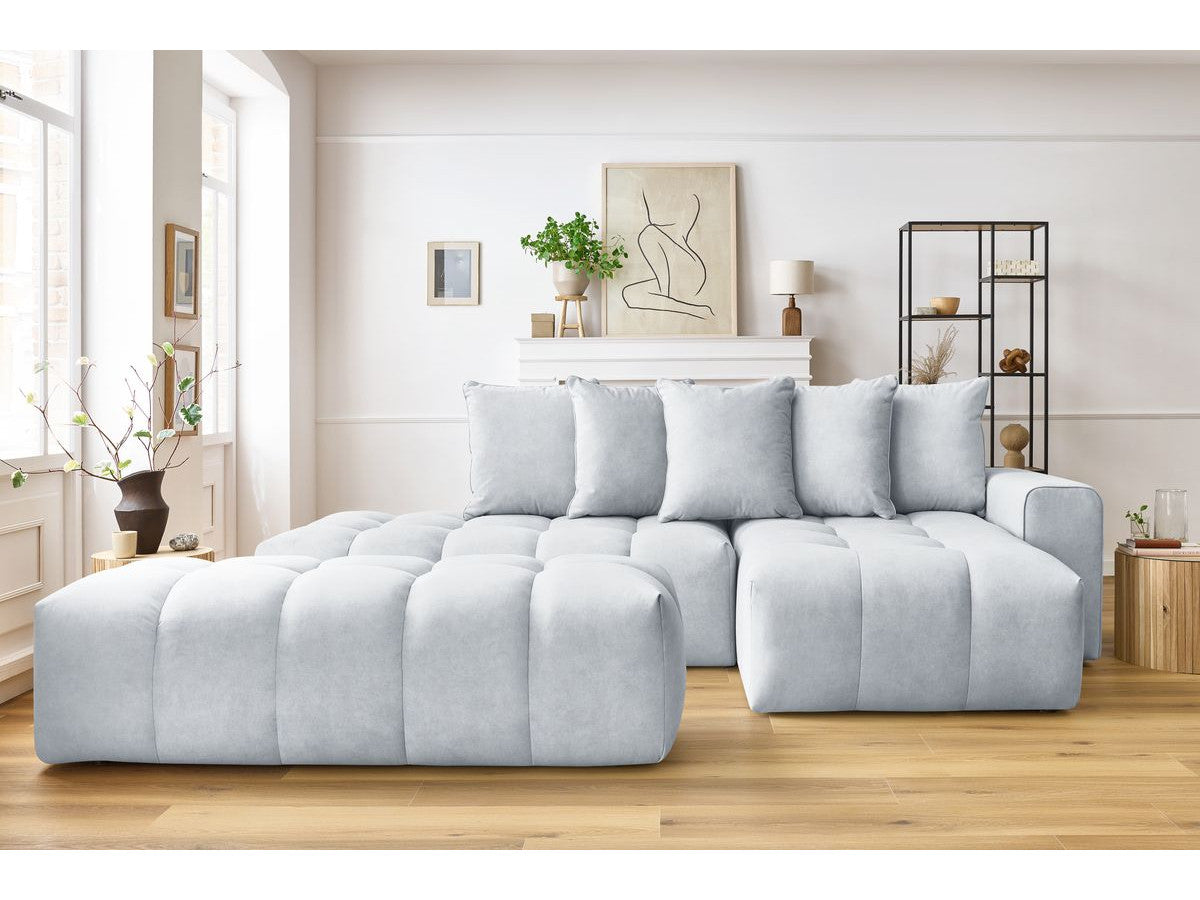 Kampinė sofa MONT-BLANC su pufu, veliūras, šviesiai pilka kampinis vaizdas