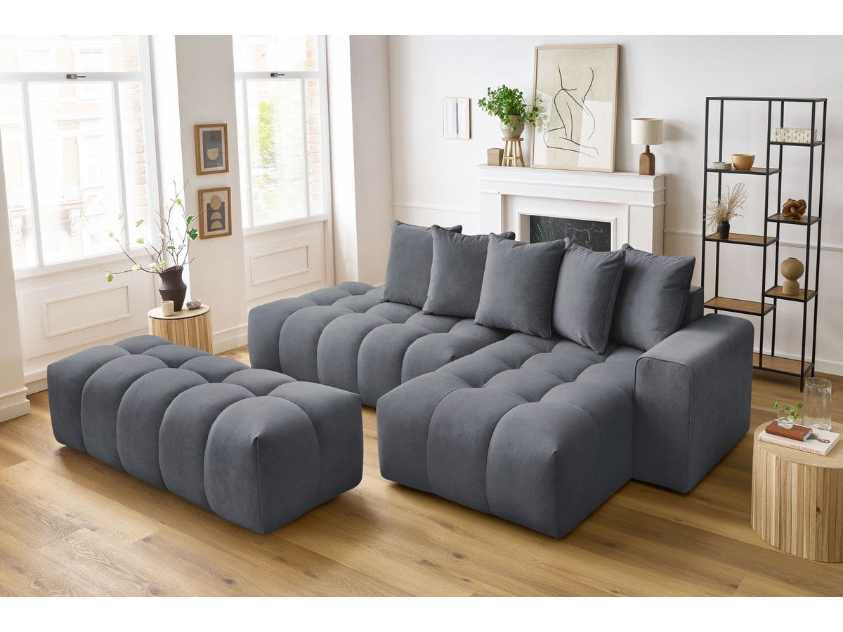 Kampinė sofa MONT-BLANC su pufu, veliūras, tamsiai pilka vaizdas iš šono