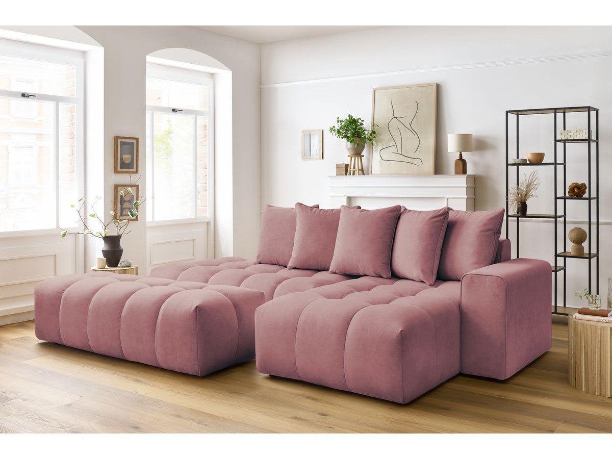 Kampinė sofa su pufu MONT-BLANC, veliūras, rožinė vaizdas iš priekio