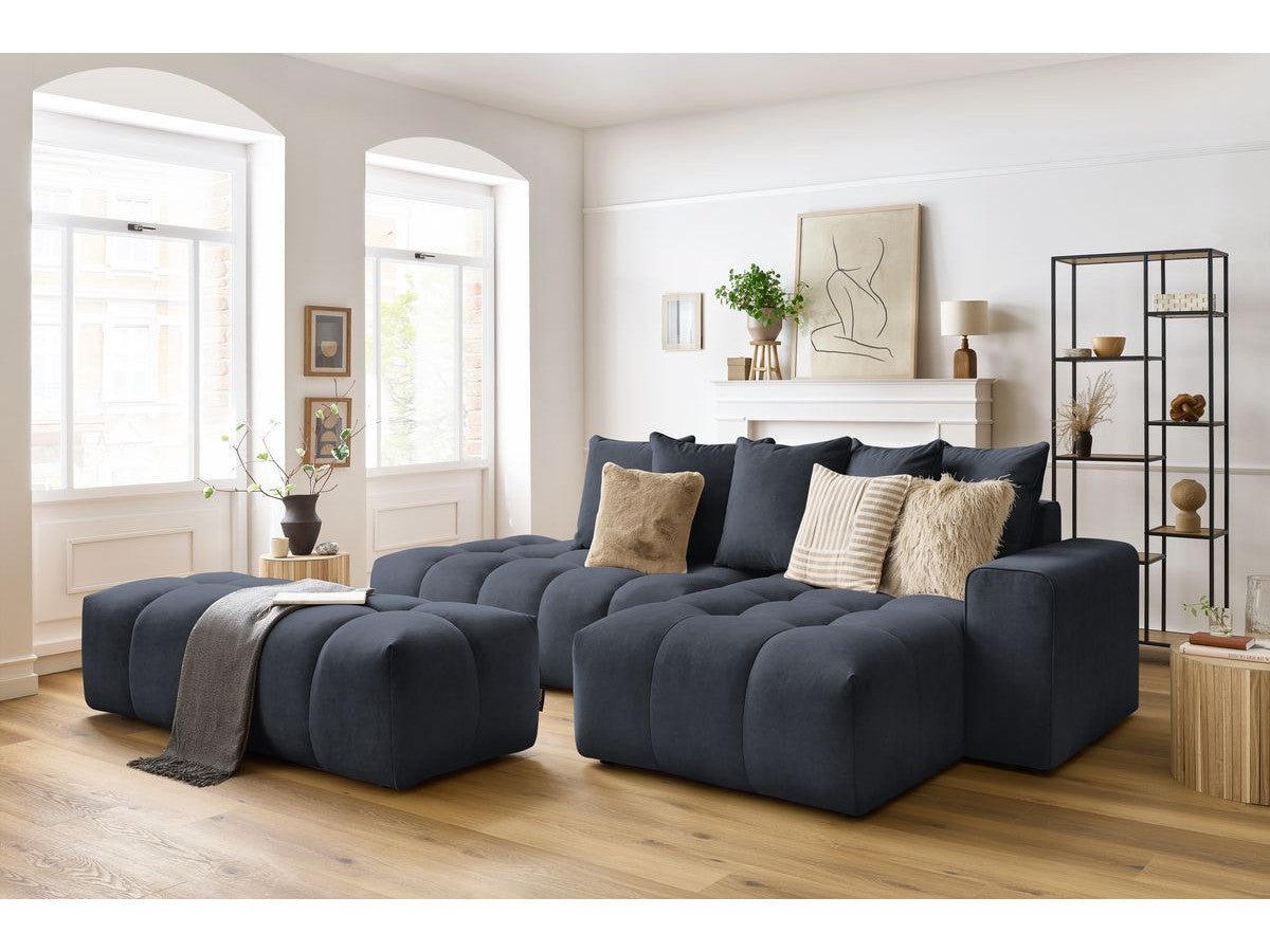 Kampinė sofa MONT-BLANC su pufu, veliūras, tamsiai mėlyna audinio tekstūra
