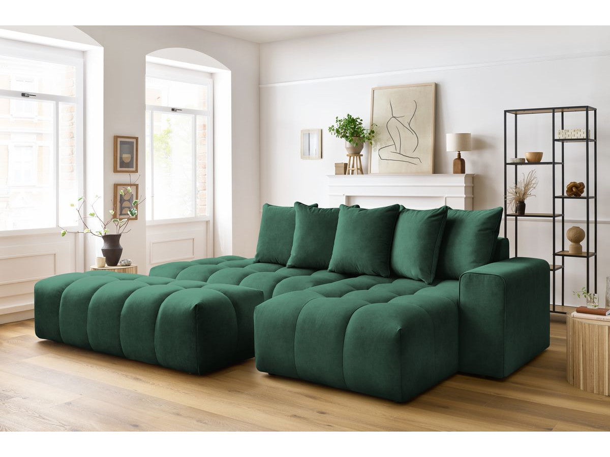 Kampinė sofa su pufu MONT-BLANC, veliūras, žalia vaizdas iš priekio
