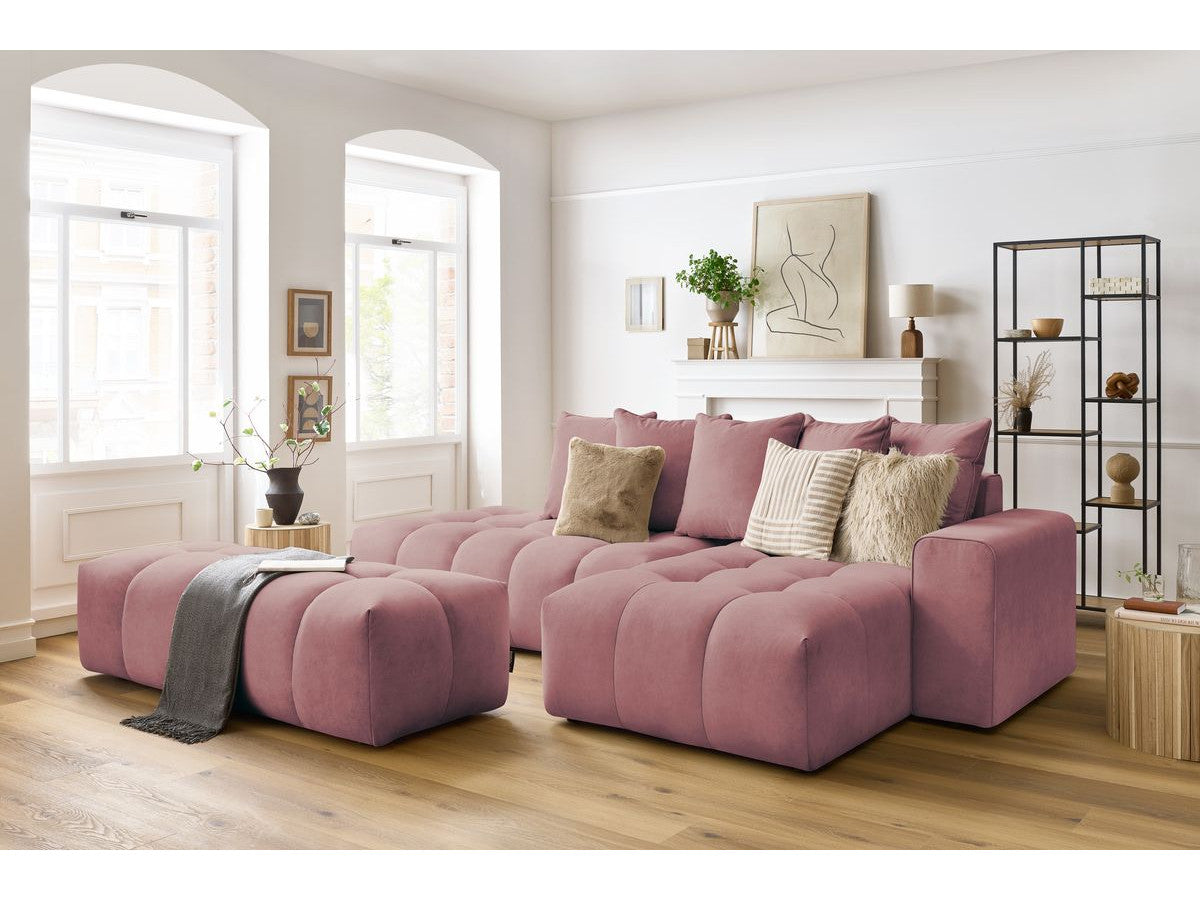 Kampinė sofa su pufu MONT-BLANC, veliūras, rožinė audinio tekstūra