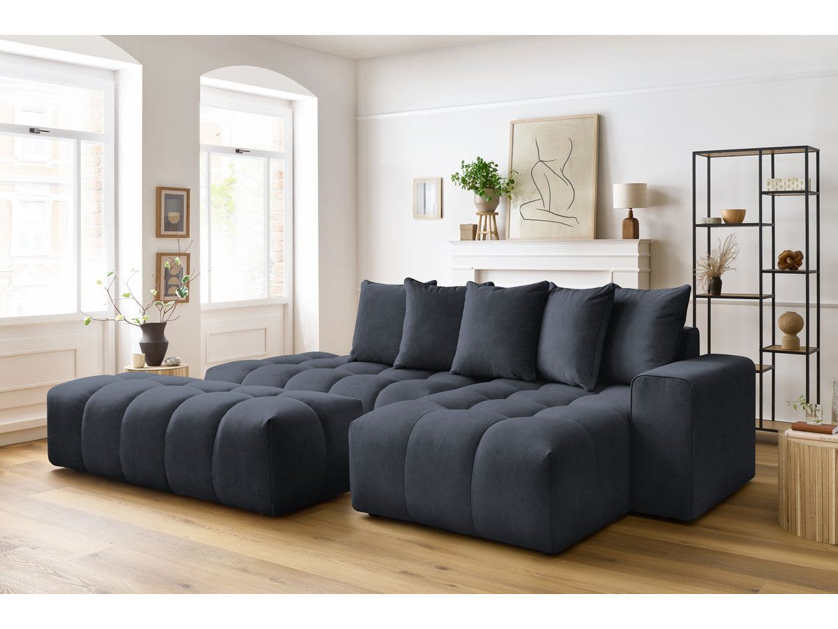 Kampinė sofa MONT-BLANC su pufu, veliūras, tamsiai mėlyna vaizdas iš priekio