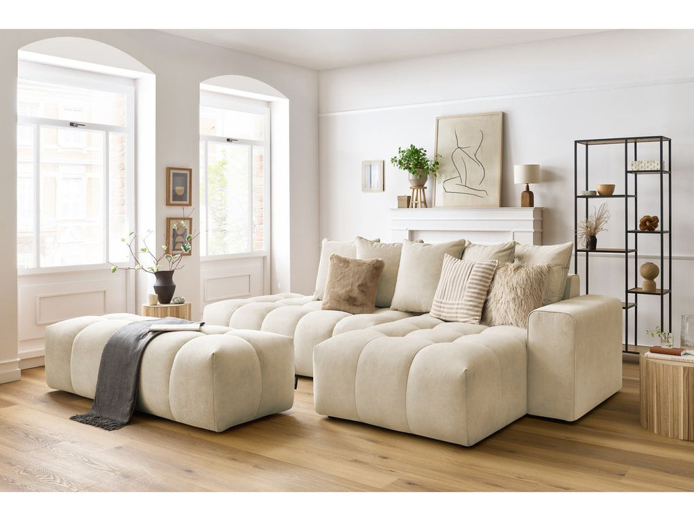 Kampinė sofa su pufu MONT-BLANC, veliūras, smėlinė audinio tekstūra